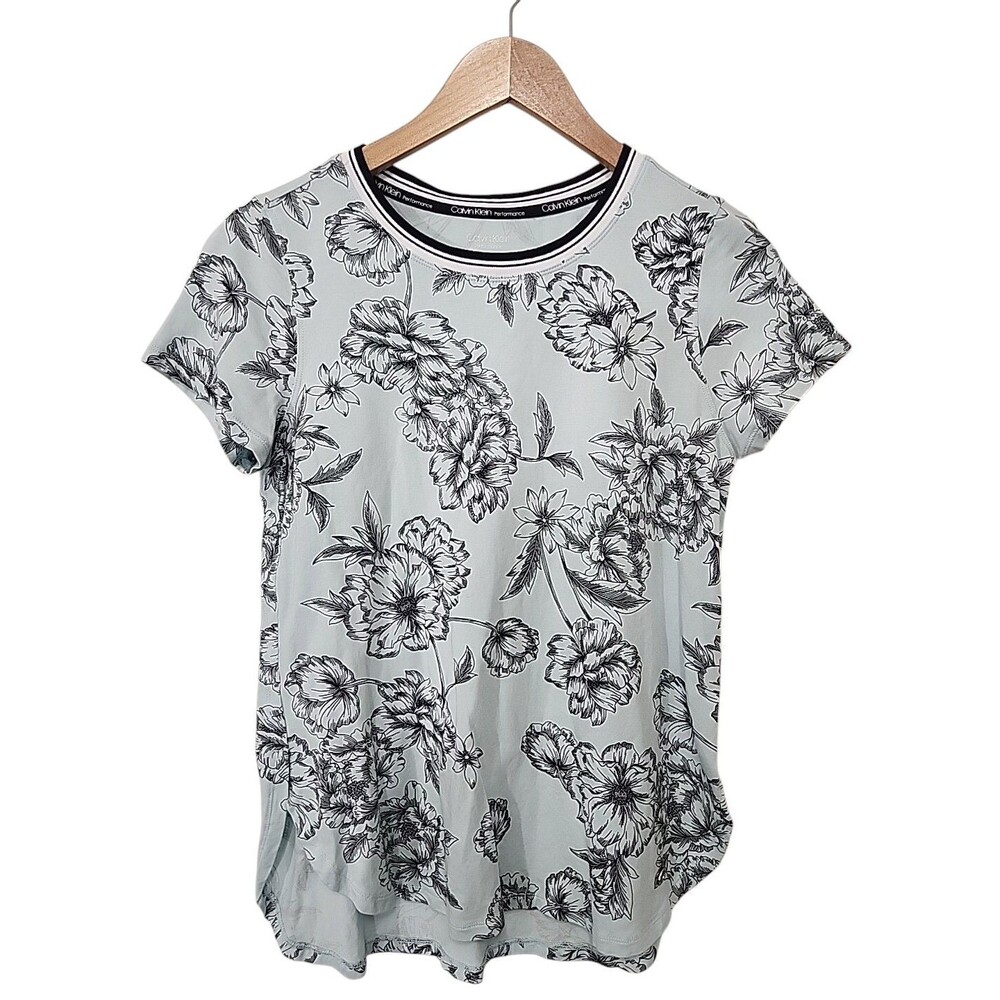 Calvin Klein performance women Top Small Aqua Floral Stretch Pullover Knit SS